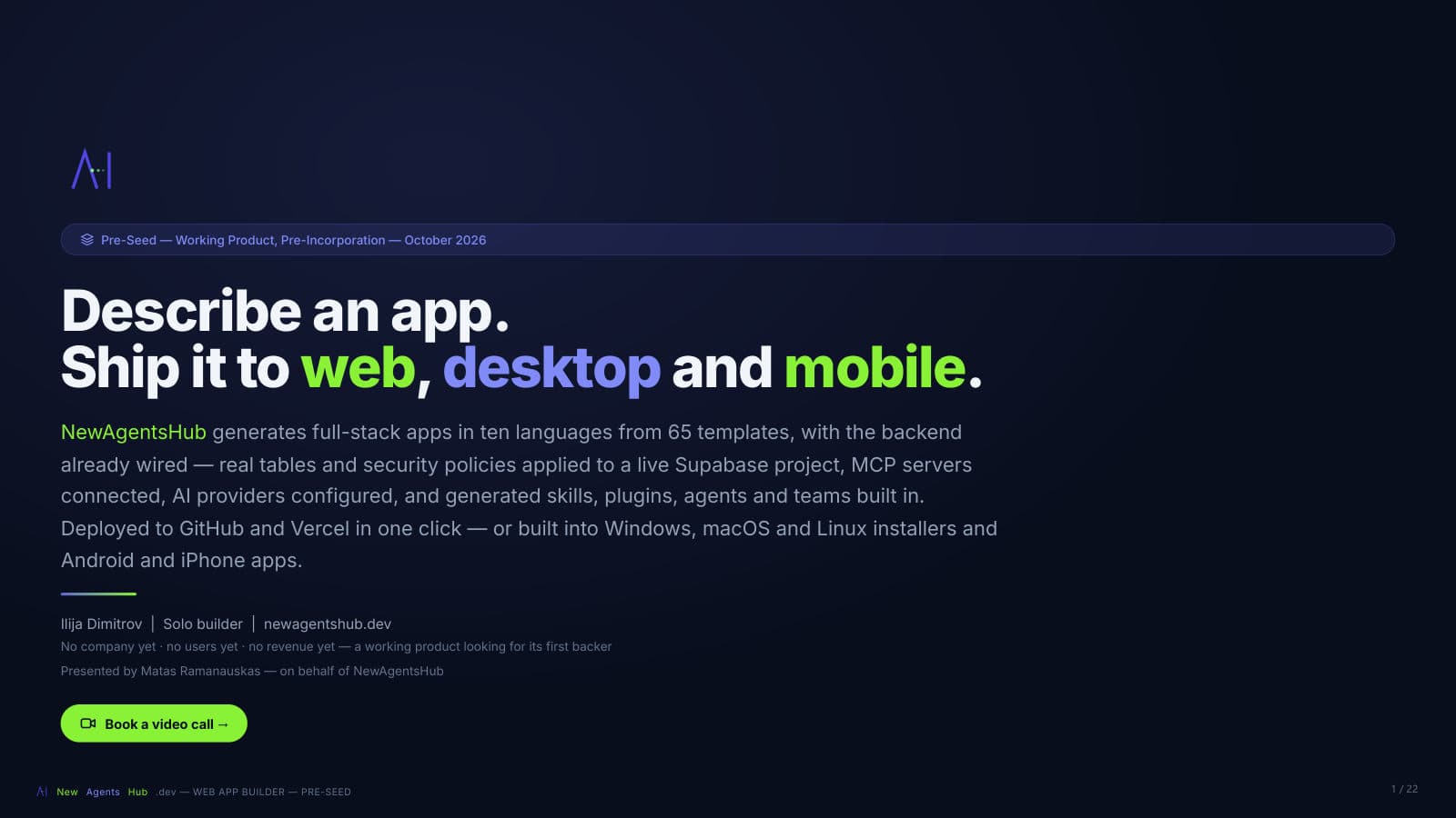 Slide 1: Cover — Describe an app. Ship it to web, desktop and mobile.